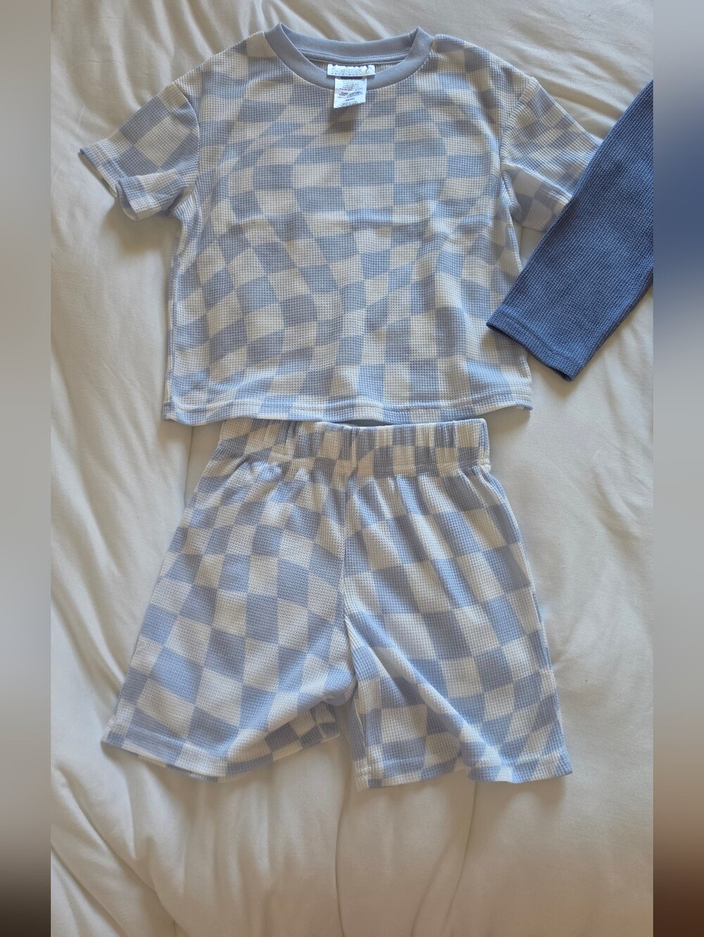 Kids Light Blue & White Check Waffle Short Pajama Set
